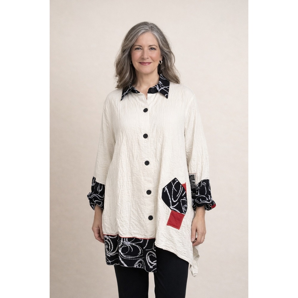 Ali‎ Miles Tunic Top Women L Funky Textured Bold Wearable Art Maximalist Flowy